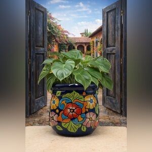 Handmade Mexican Talavera Planter - Blue Floral Ceramic Flower Pot